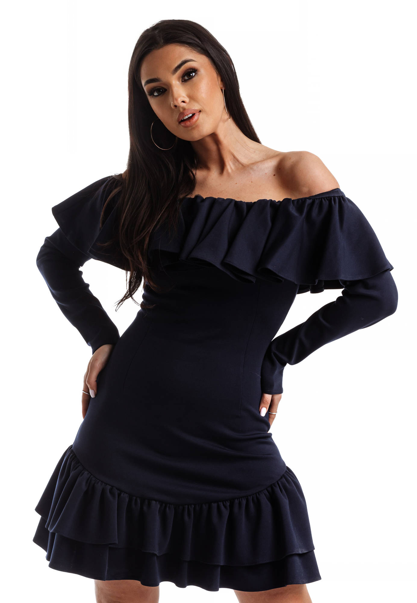 Mornarska obleka z dekorativnim frilom na vratnem izrezu La Diva