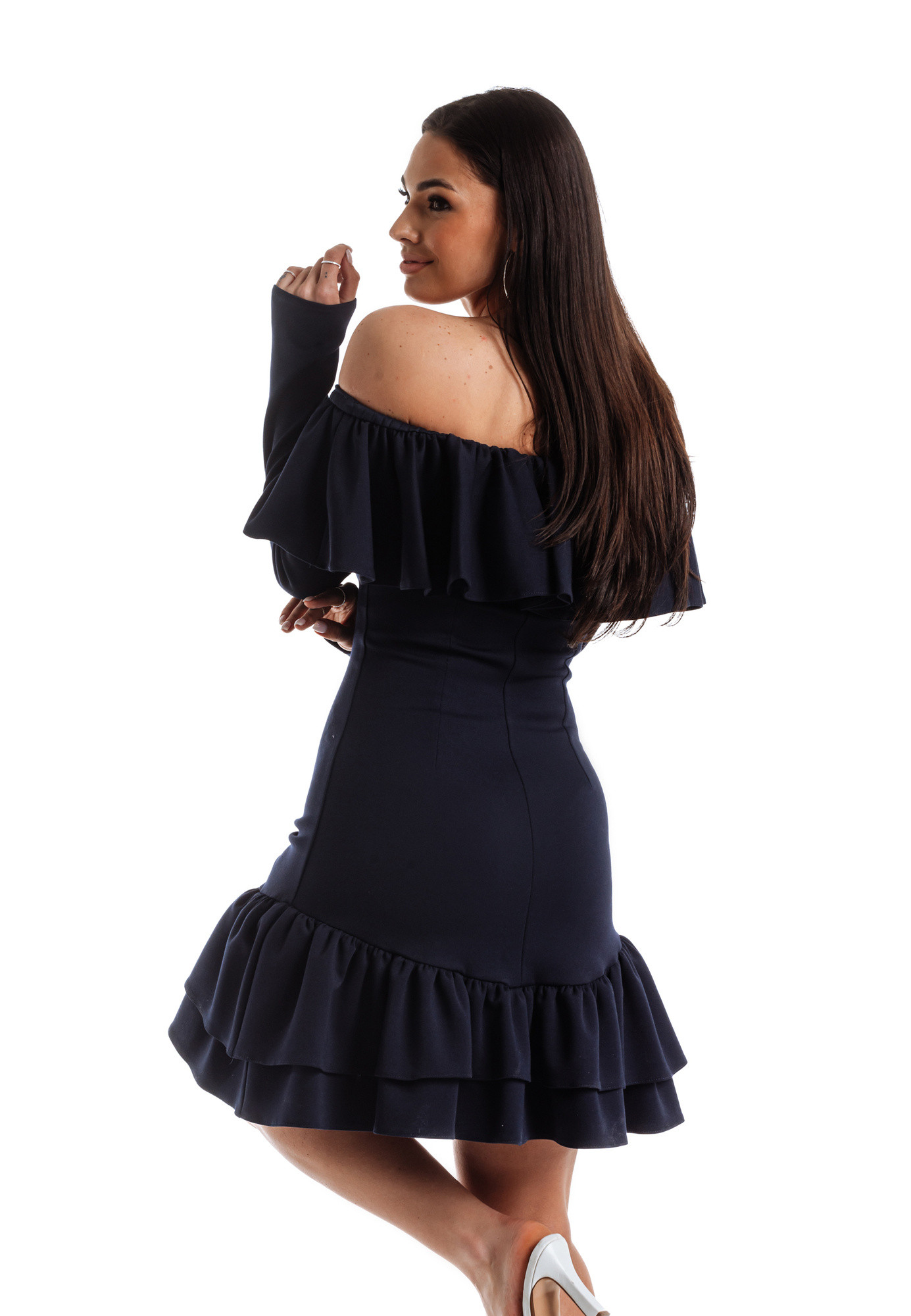 Mornarska obleka z dekorativnim frilom na vratnem izrezu La Diva