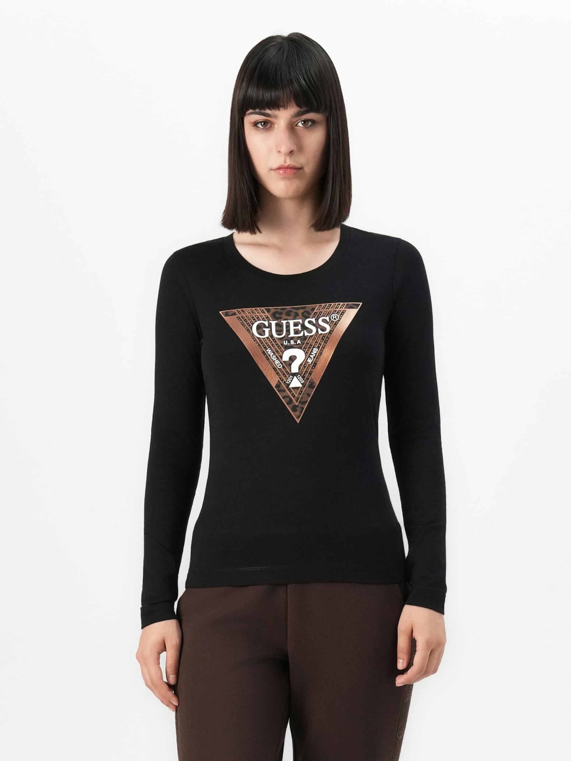GUESS Majica temno rjava / črna / off-bela