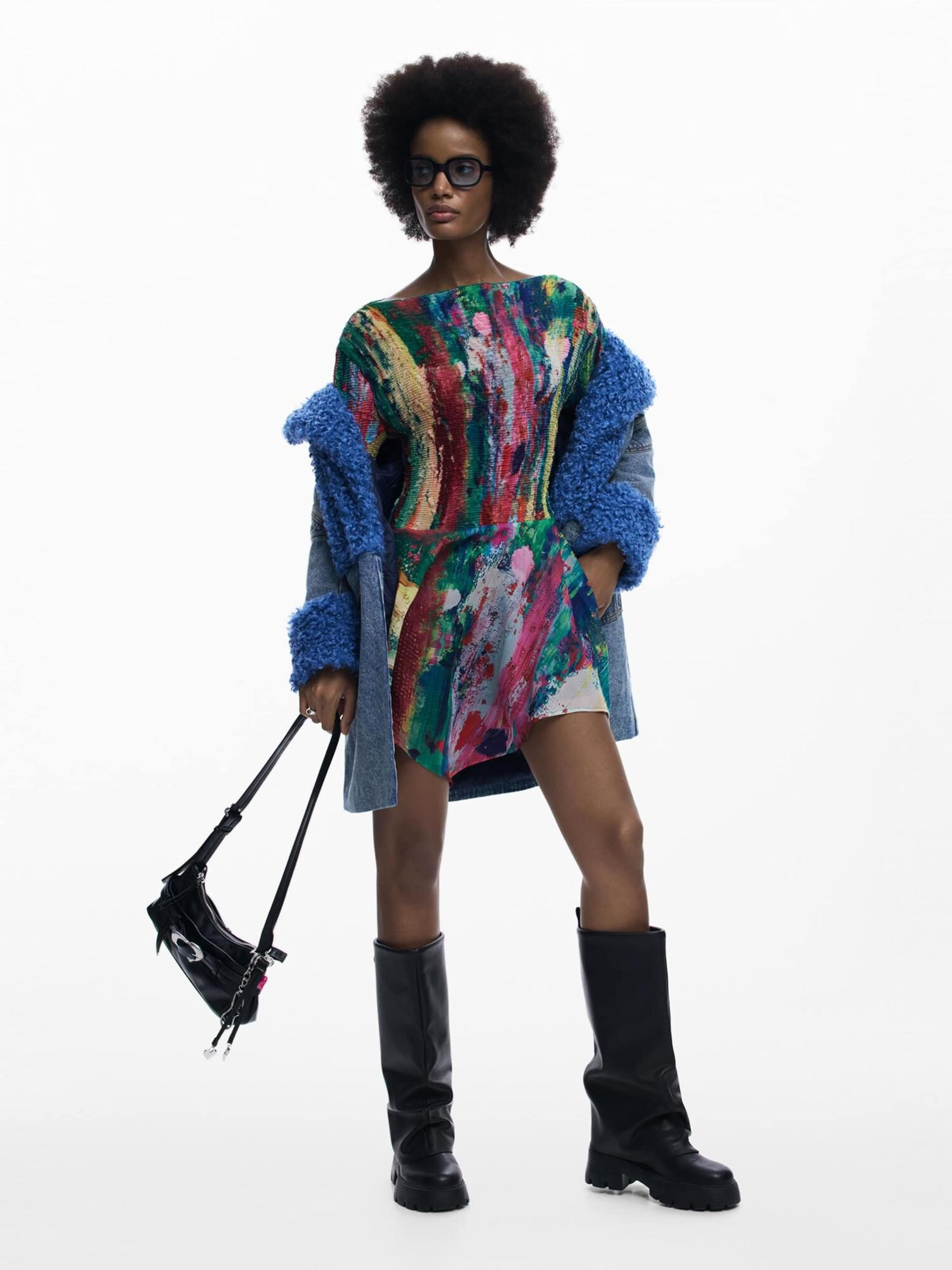 Desigual Obleka kremna / temno modra / zelena / rdeča