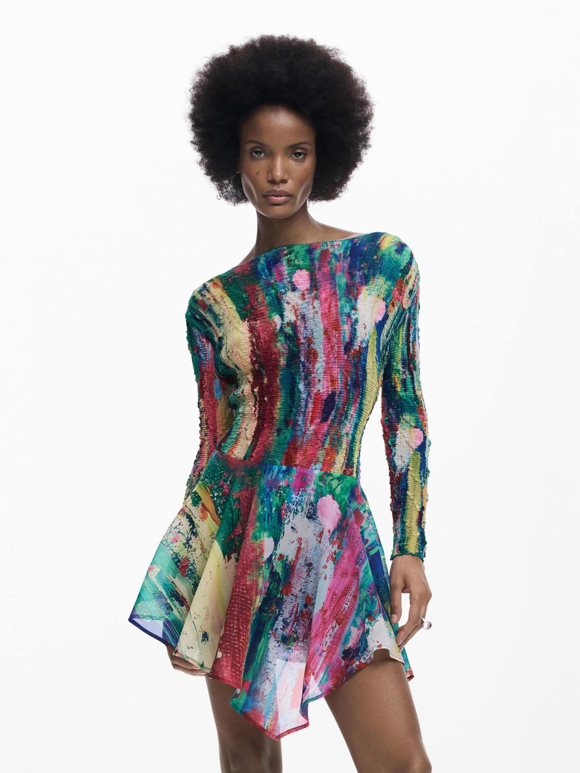 Desigual Obleka kremna / temno modra / zelena / rdeča