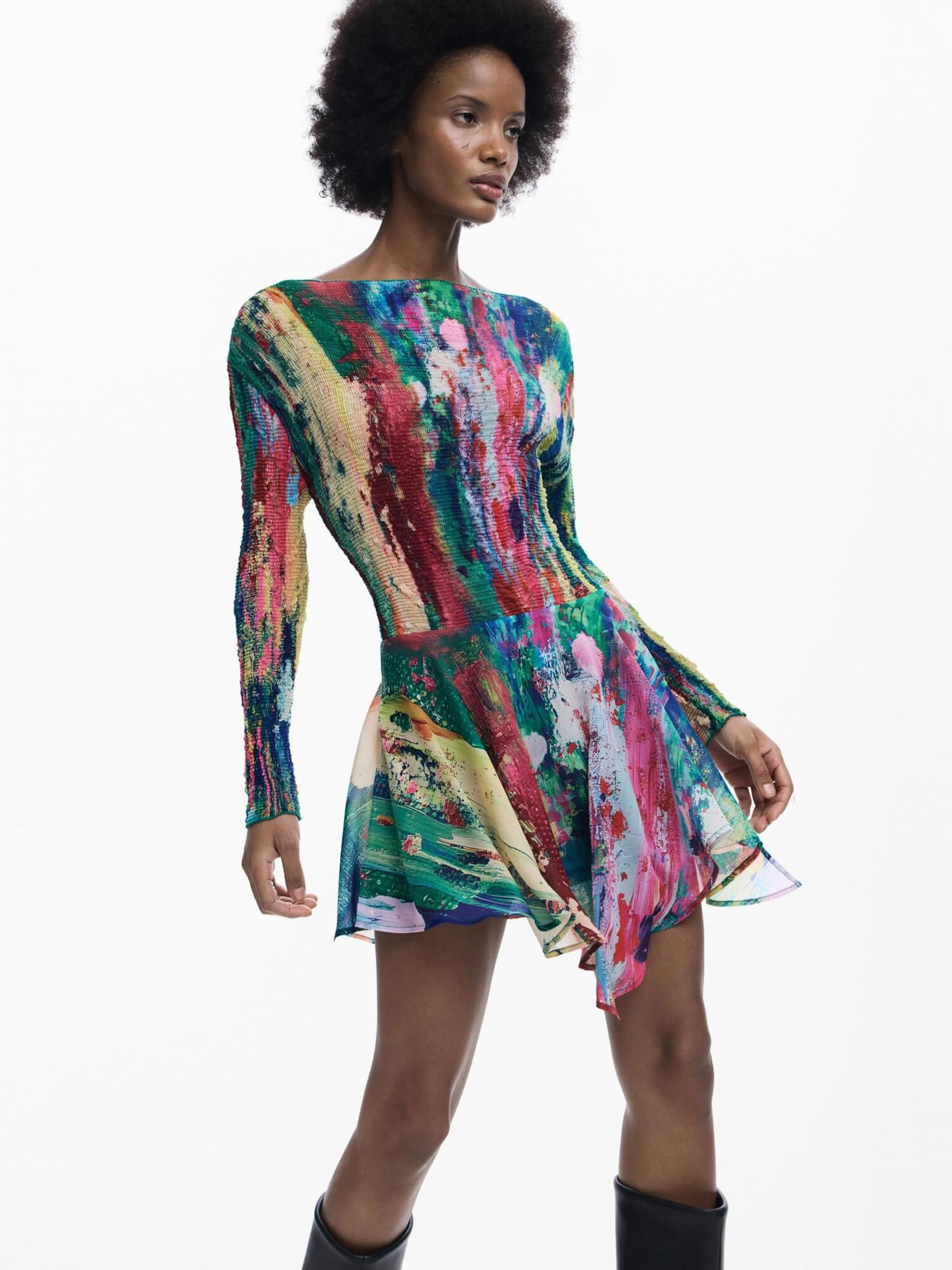 Desigual Obleka kremna / temno modra / zelena / rdeča