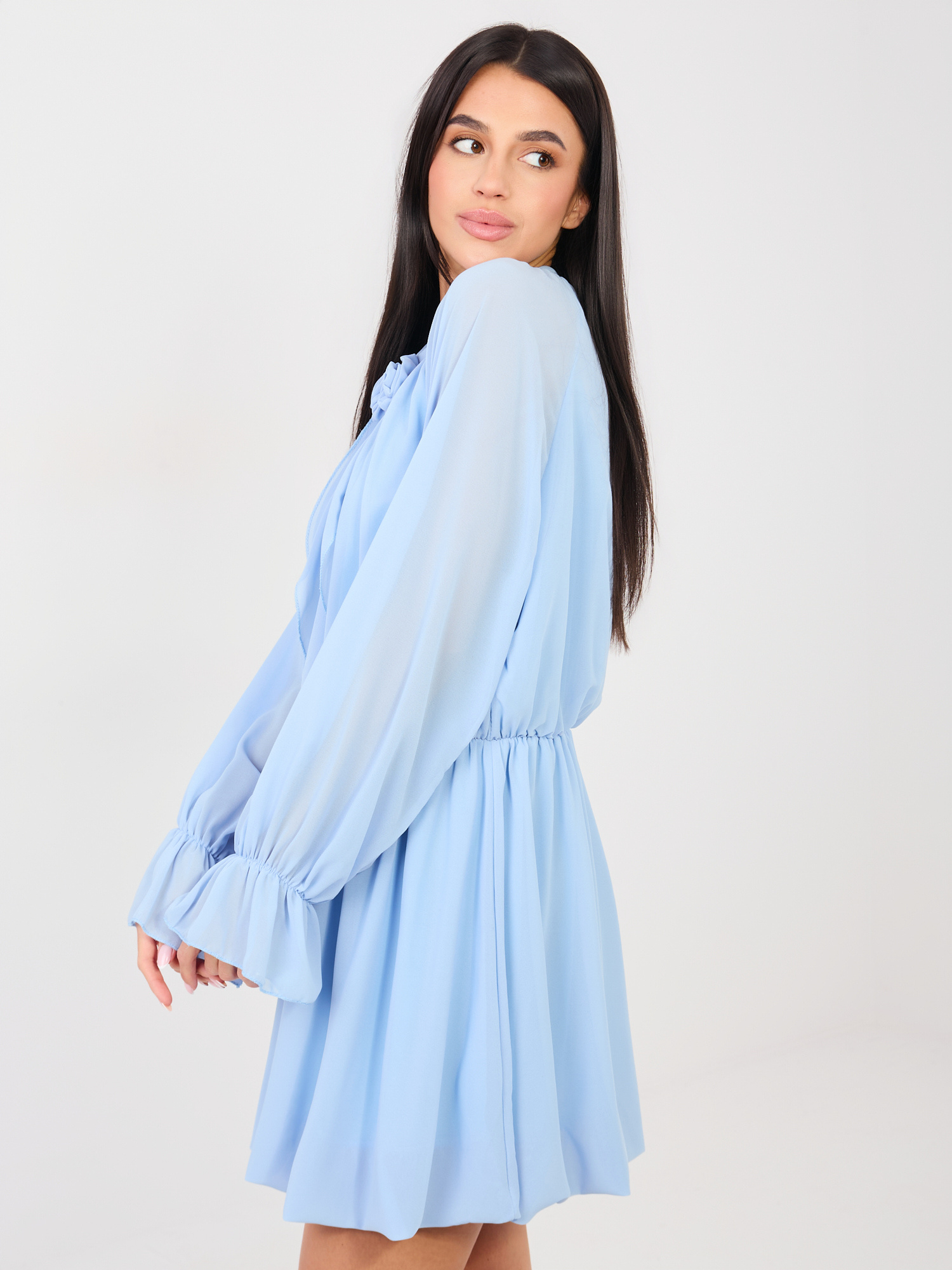 RUE PARIS Svetlo modra mini obleka z dolgimi rokavi