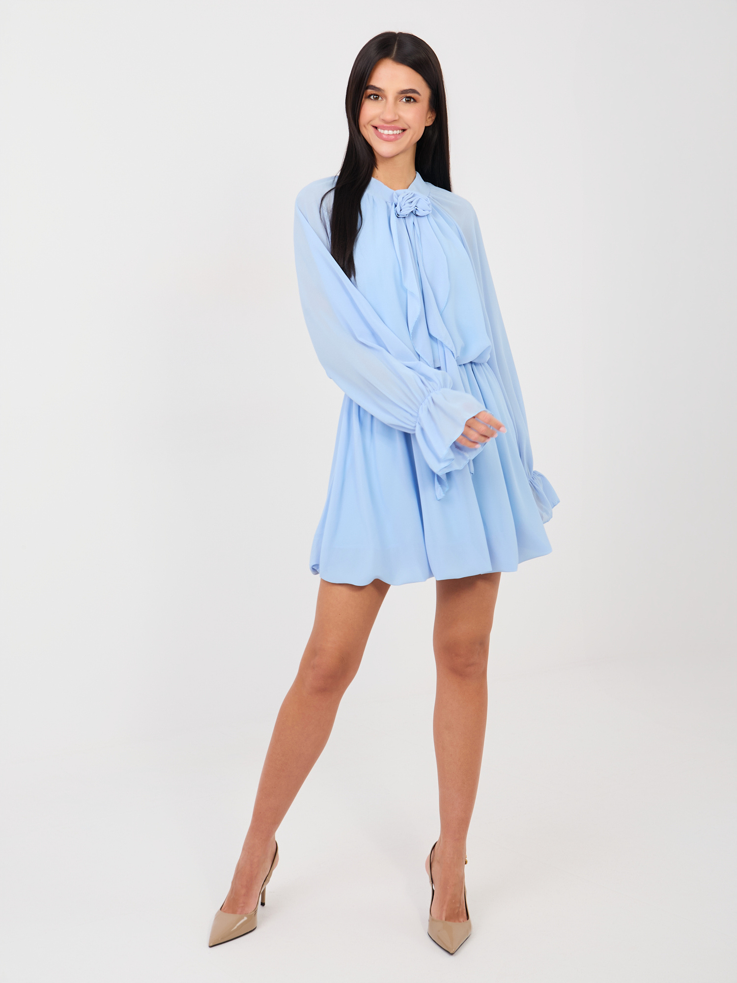 RUE PARIS Svetlo modra mini obleka z dolgimi rokavi