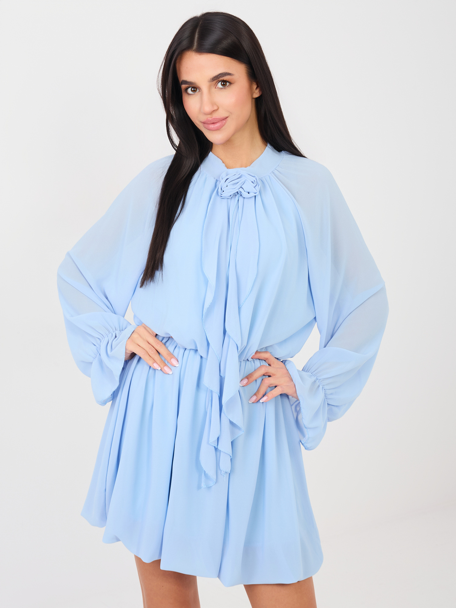 RUE PARIS Svetlo modra mini obleka z dolgimi rokavi