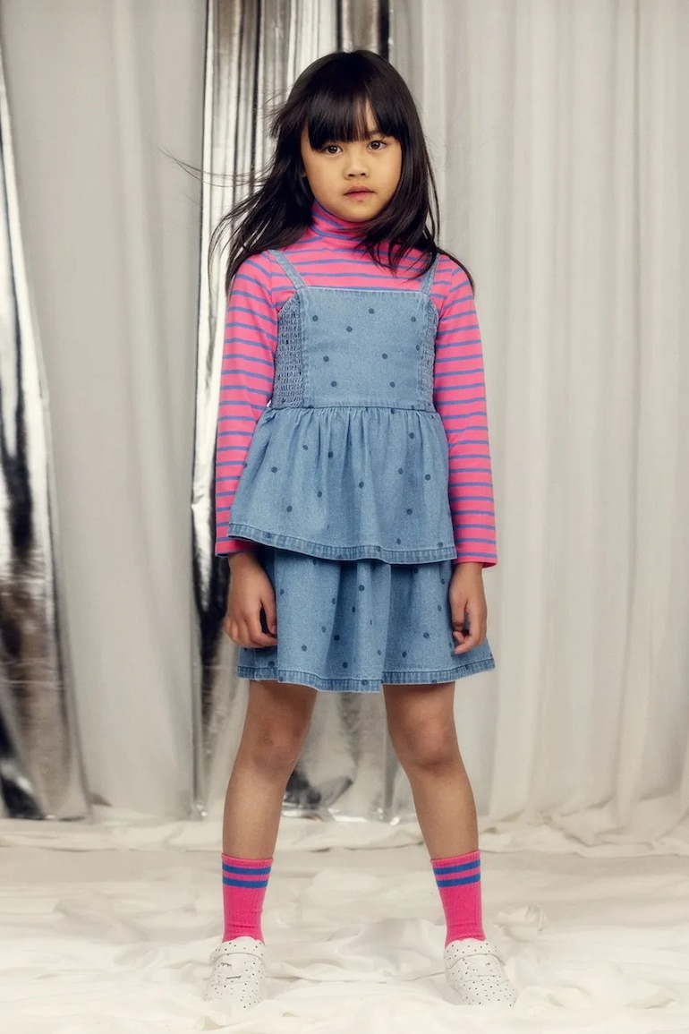 Otroška jeans obleka Mini Rodini denim dots
