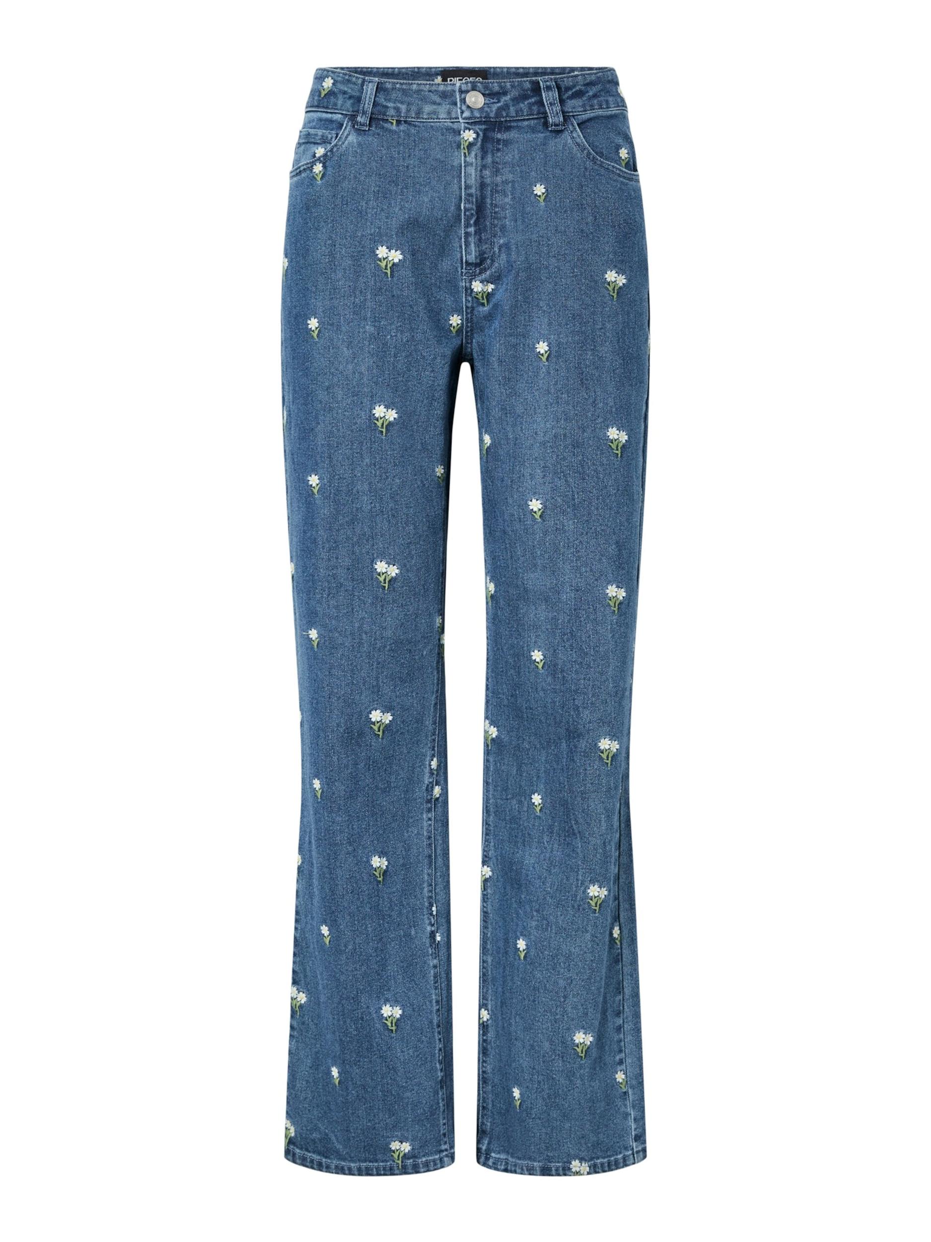 PIECES Kavbojke 'PCFlora' modra / oliva / bela