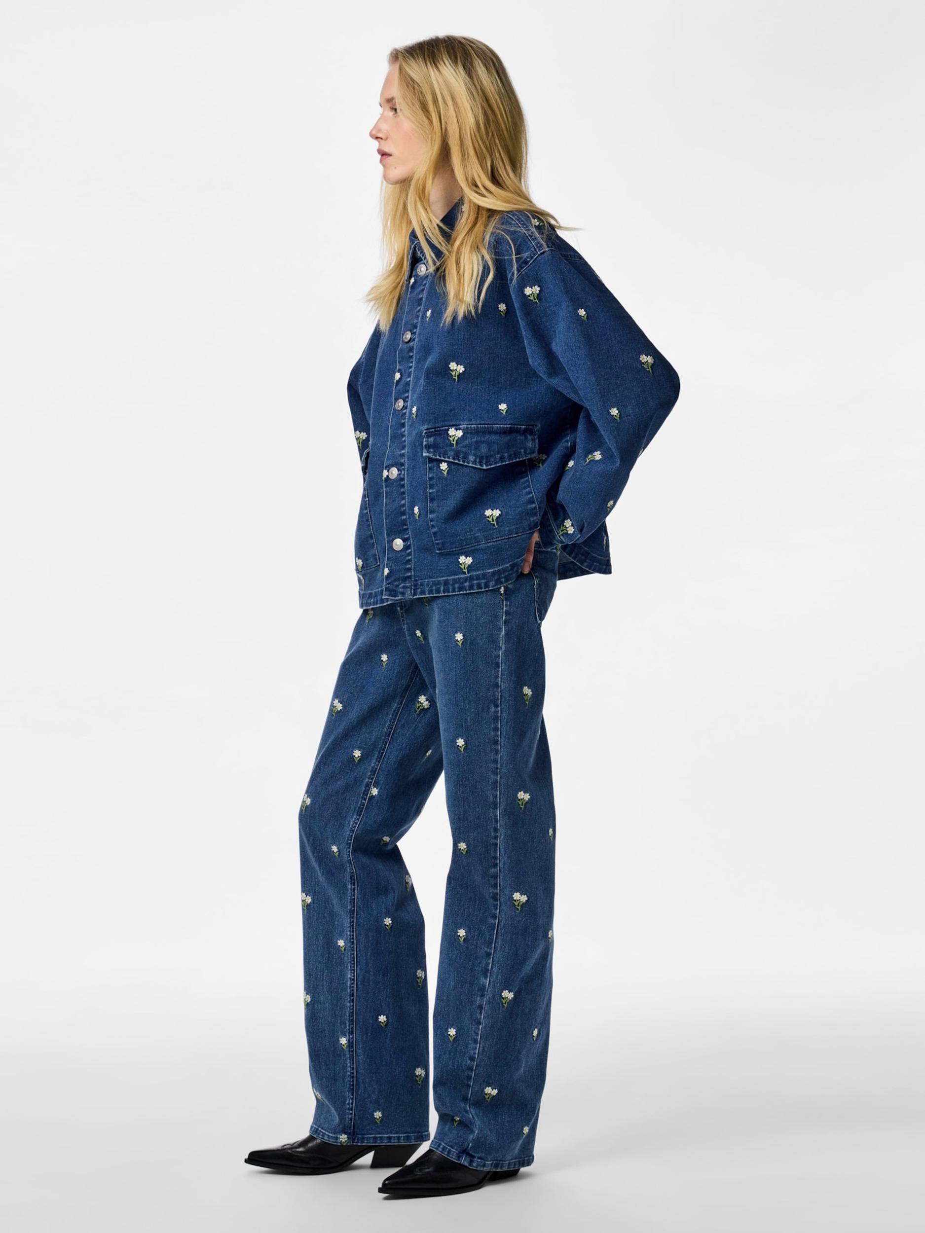 PIECES Kavbojke 'PCFlora' modra / oliva / bela