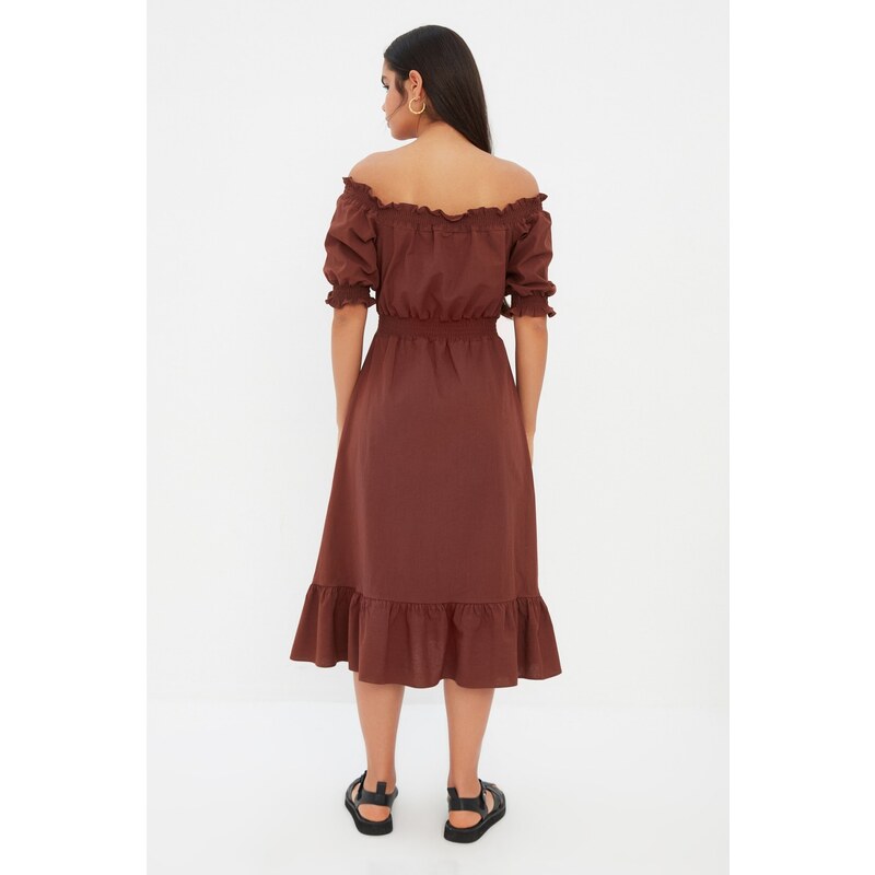 Trendyol Brown Waist Gimped Madonna Neck Midi Linen Look Woven Dress