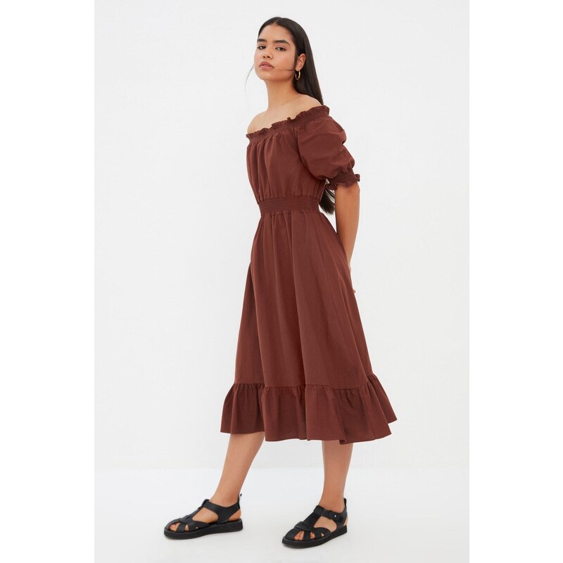 Trendyol Brown Waist Gimped Madonna Neck Midi Linen Look Woven Dress