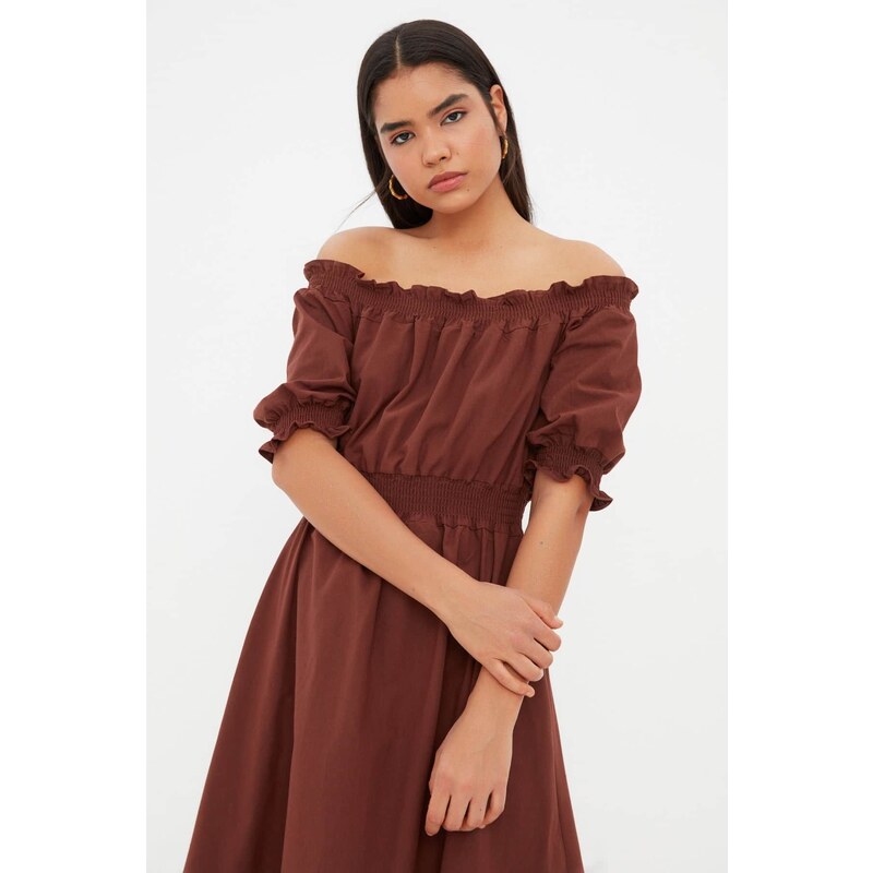 Trendyol Brown Waist Gimped Madonna Neck Midi Linen Look Woven Dress