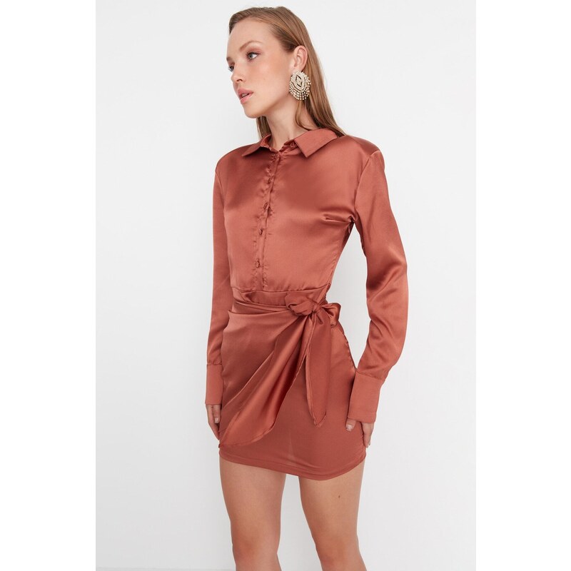 Trendyol cimetova kravata podrobna satenska večerna obleka