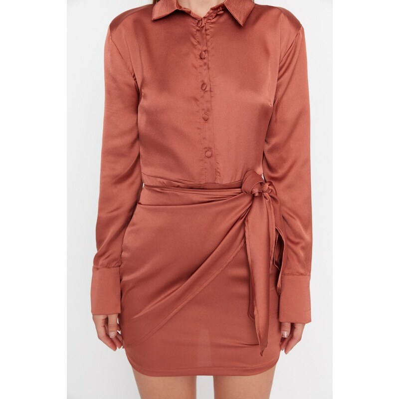 Trendyol cimetova kravata podrobna satenska večerna obleka