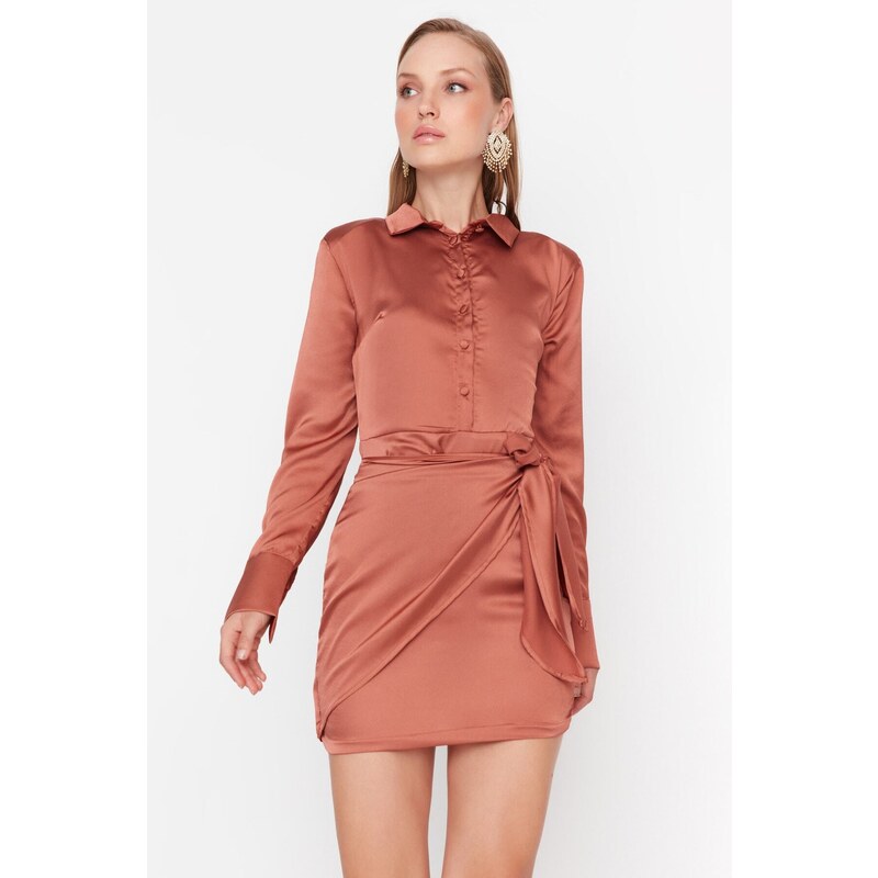 Trendyol cimetova kravata podrobna satenska večerna obleka