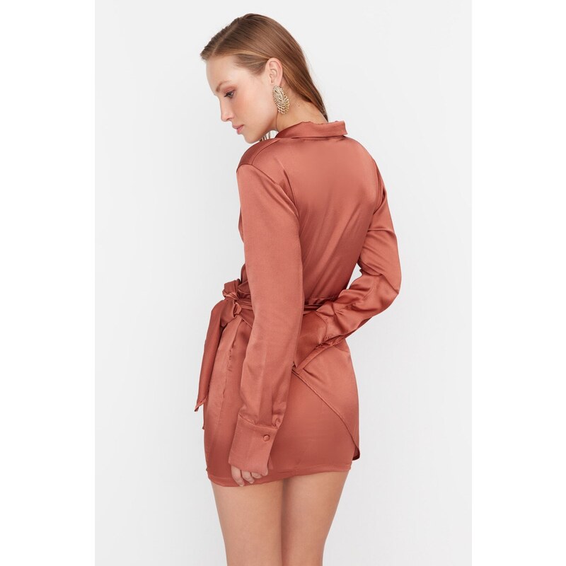 Trendyol cimetova kravata podrobna satenska večerna obleka