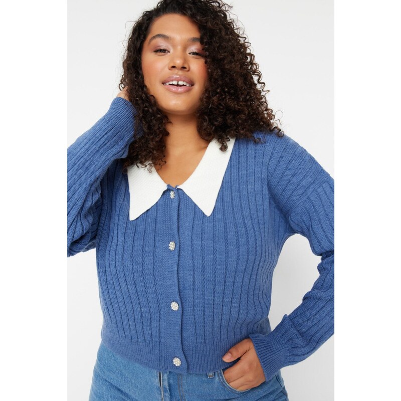 Trendyolova krivulja Indigo rebrasti ovratnik Podroben pleteni kardigan z gumbi