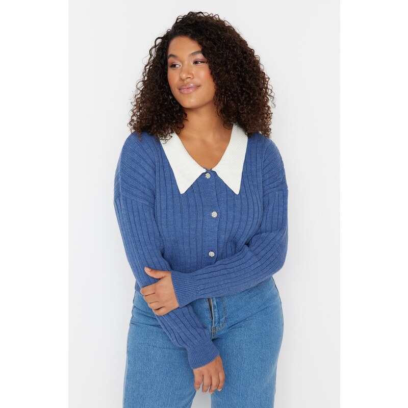 Trendyolova krivulja Indigo rebrasti ovratnik Podroben pleteni kardigan z gumbi