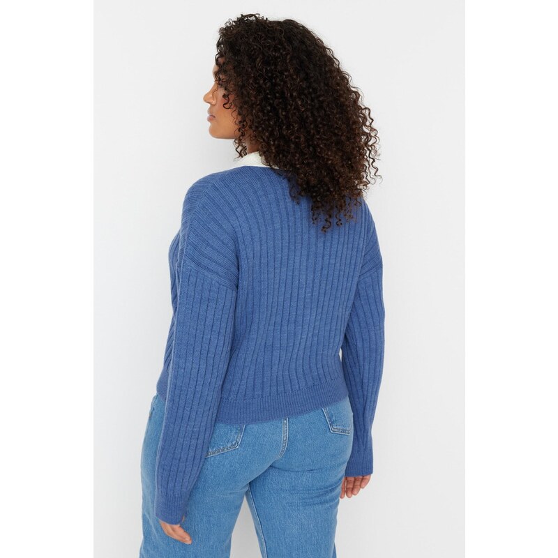 Trendyolova krivulja Indigo rebrasti ovratnik Podroben pleteni kardigan z gumbi