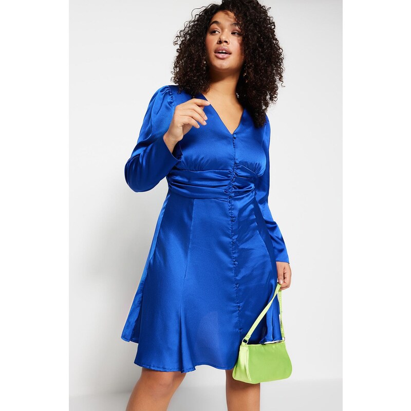 Trendyol krivulja Indigo gumb Podrobna satenska tkana obleka