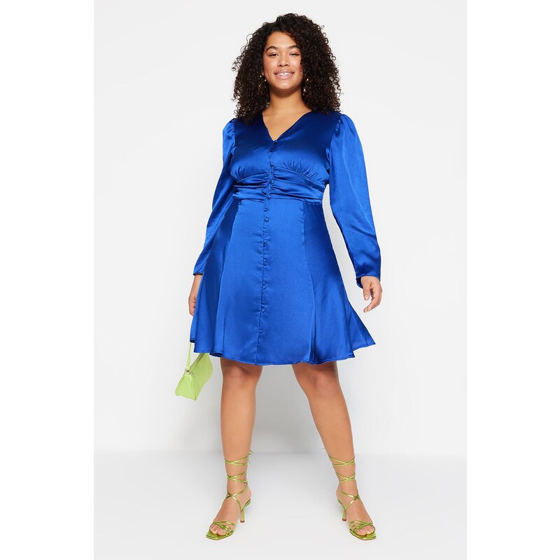 Trendyol krivulja Indigo gumb Podrobna satenska tkana obleka