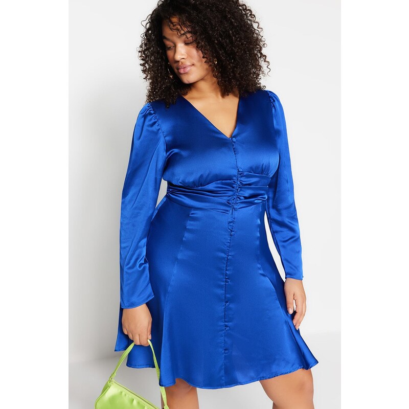 Trendyol krivulja Indigo gumb Podrobna satenska tkana obleka