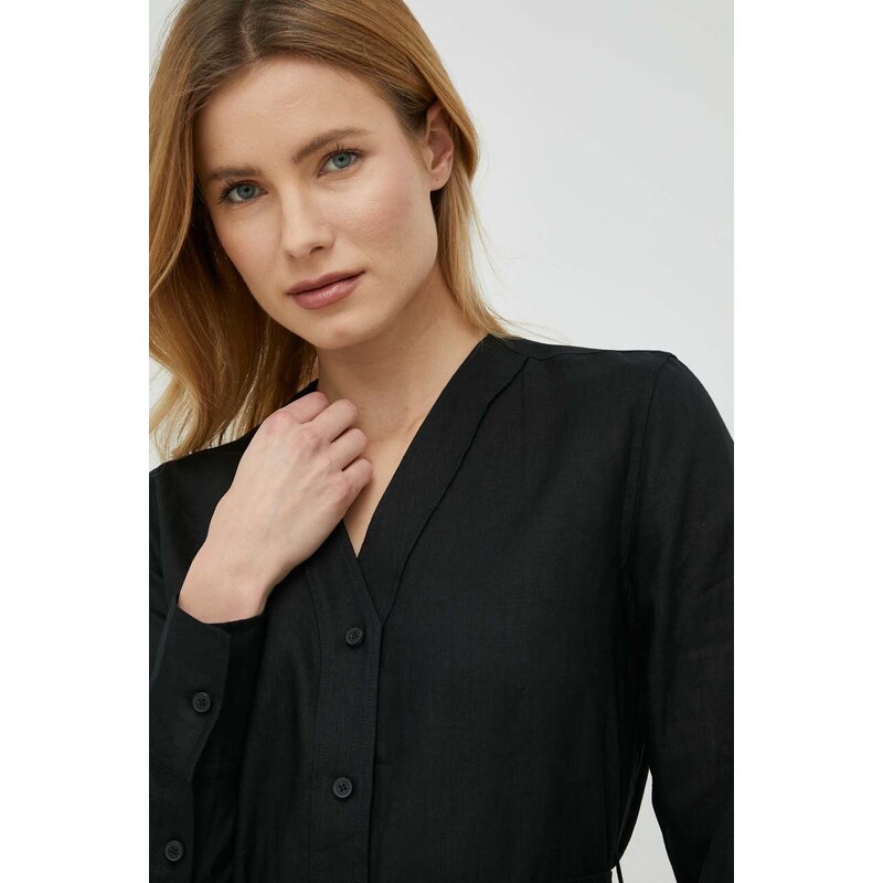 Lanena obleka Calvin Klein črna barva
