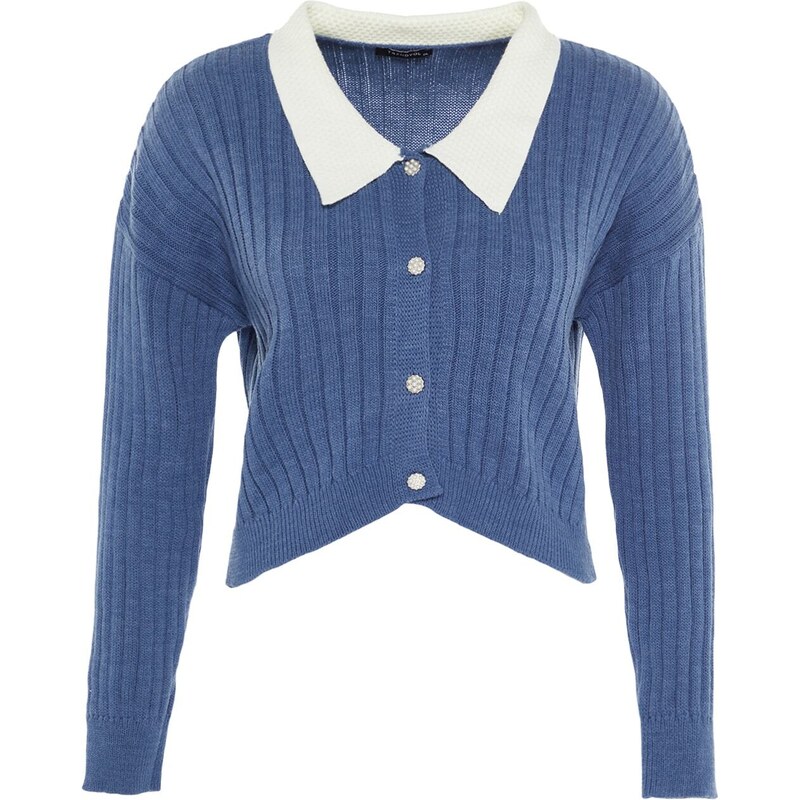 Trendyolova krivulja Indigo rebrasti ovratnik Podroben pleteni kardigan z gumbi