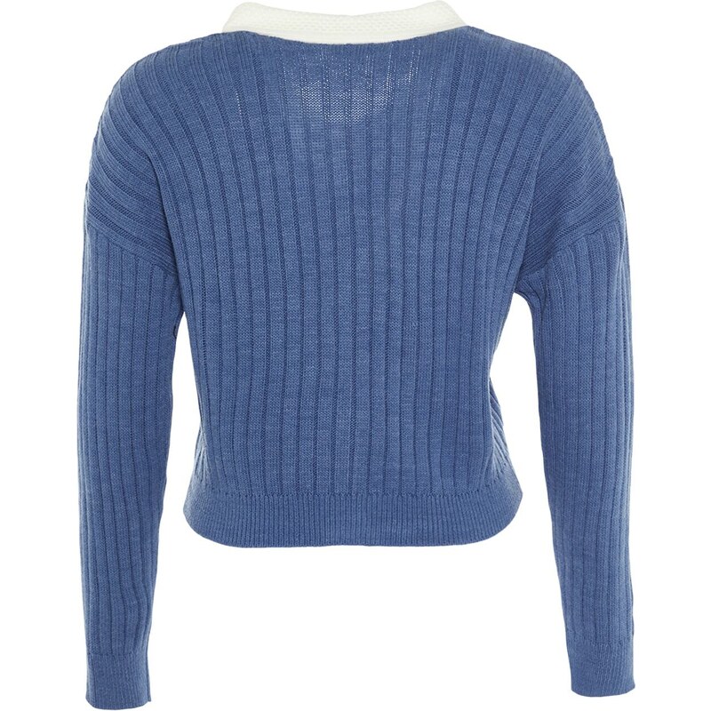 Trendyolova krivulja Indigo rebrasti ovratnik Podroben pleteni kardigan z gumbi