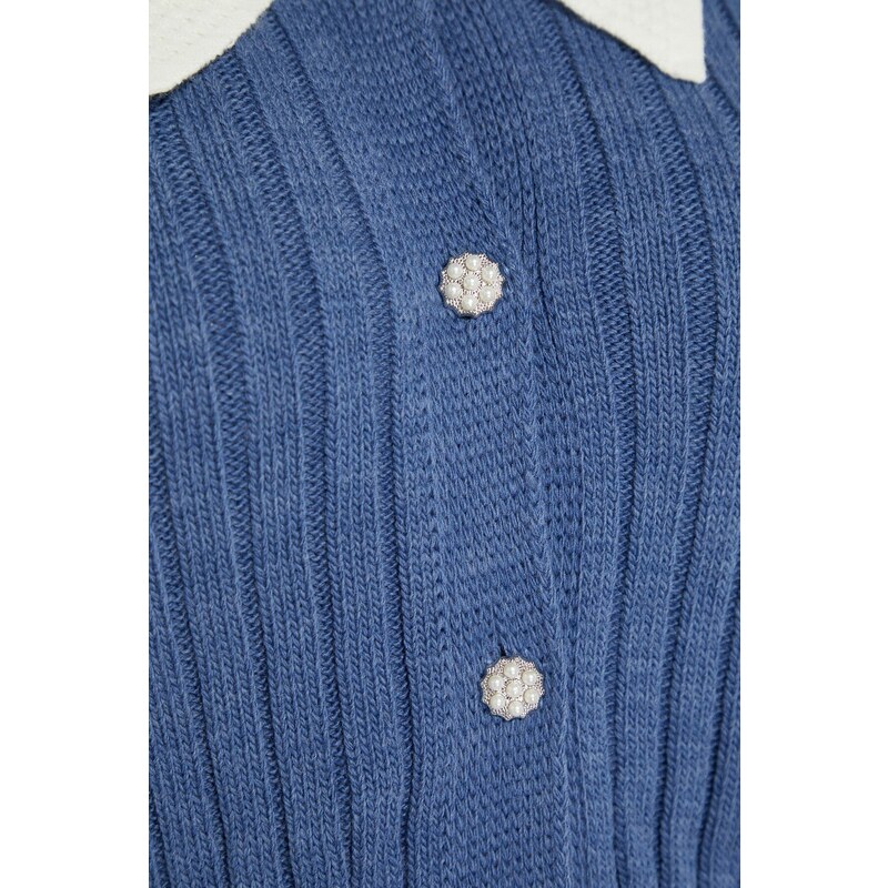 Trendyolova krivulja Indigo rebrasti ovratnik Podroben pleteni kardigan z gumbi