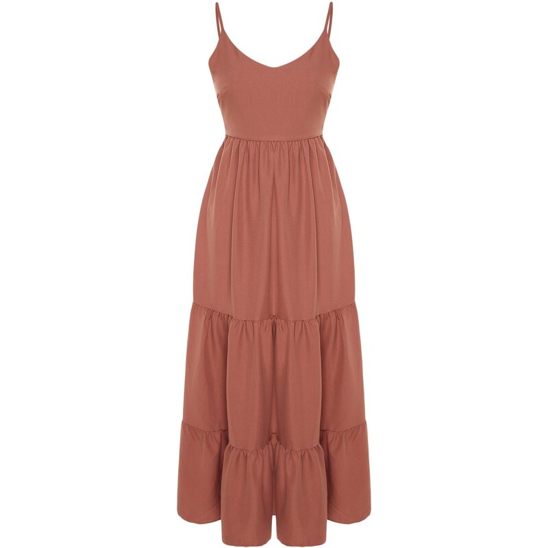 Trendyol Dusty Rose Skirt Flounced Back Tie Detail Strap Maxi Woven Dress