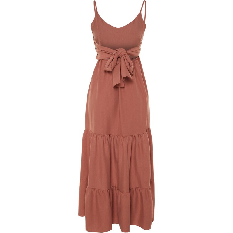 Trendyol Dusty Rose Skirt Flounced Back Tie Detail Strap Maxi Woven Dress