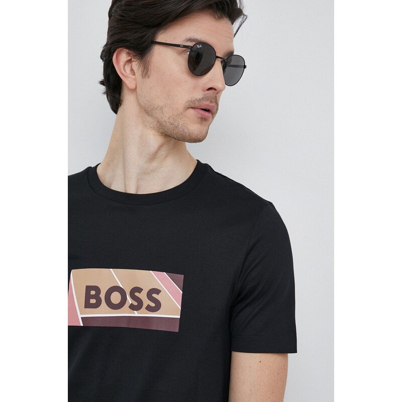 Bombažna kratka majica BOSS črna barva