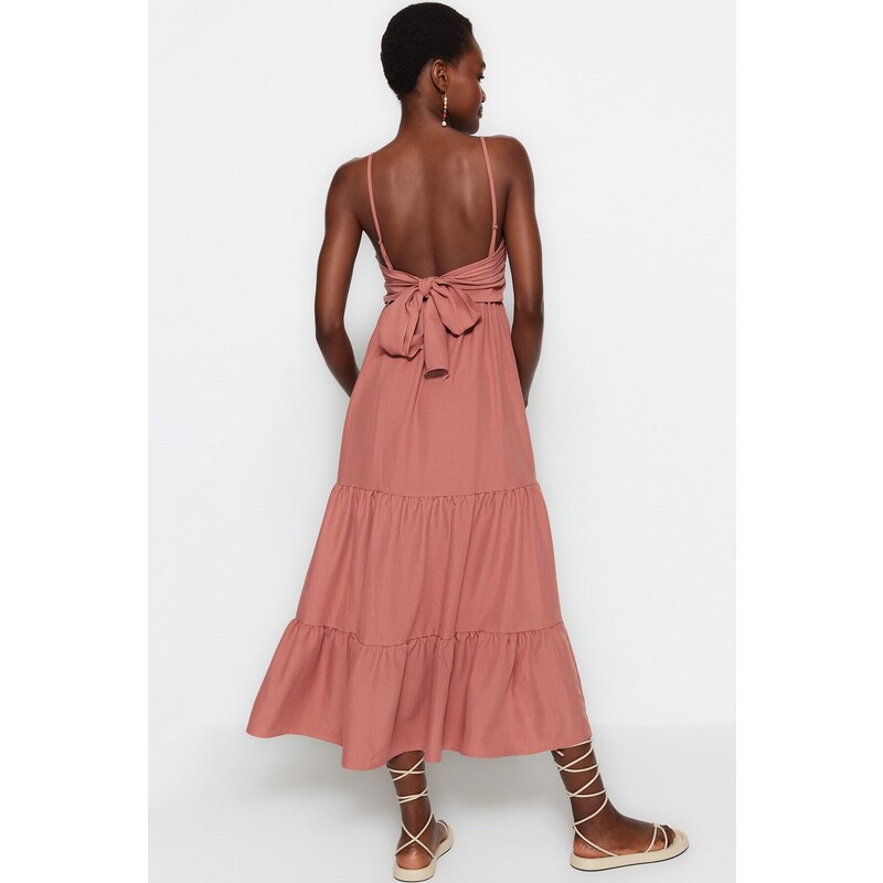 Trendyol Dusty Rose Skirt Flounced Back Tie Detail Strap Maxi Woven Dress