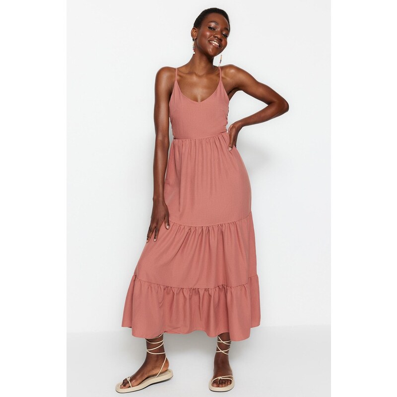 Trendyol Dusty Rose Skirt Flounced Back Tie Detail Strap Maxi Woven Dress