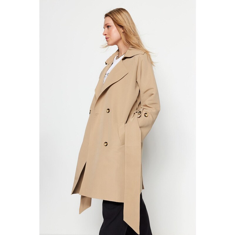 Trendyol bež prevelik širok ovratnik in pas podroben trench plašč