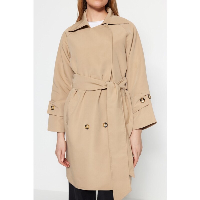 Trendyol bež prevelik širok ovratnik in pas podroben trench plašč