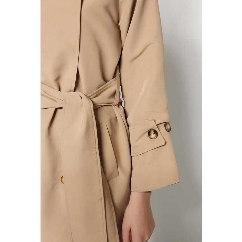 Trendyol bež prevelik širok ovratnik in pas podroben trench plašč
