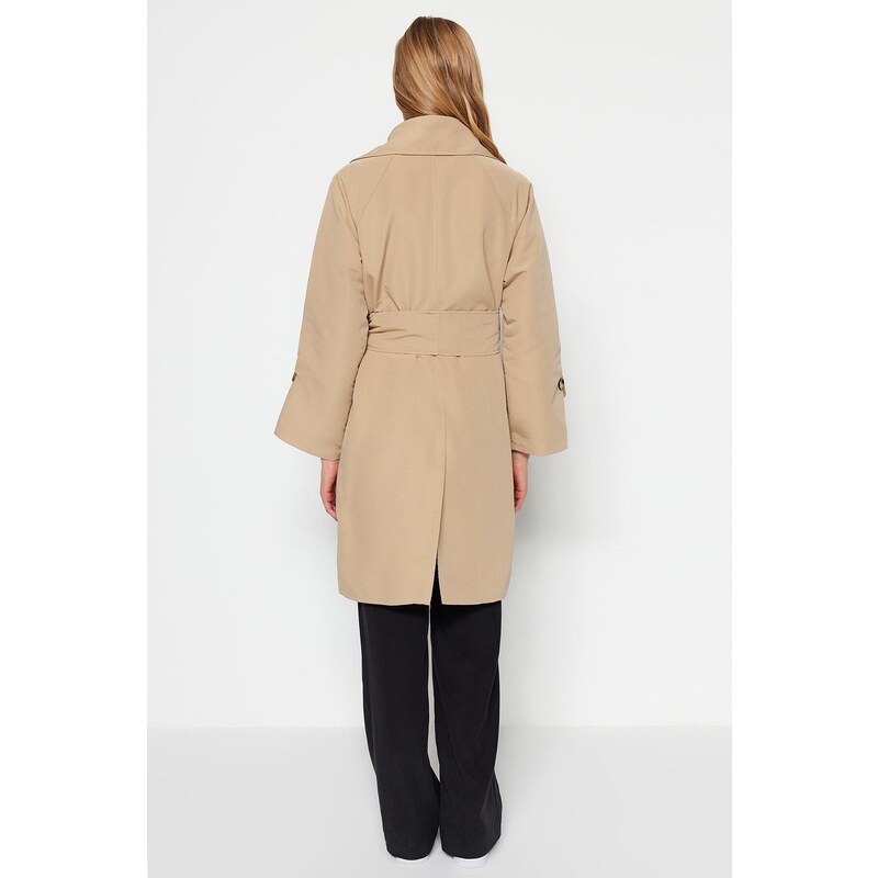 Trendyol bež prevelik širok ovratnik in pas podroben trench plašč