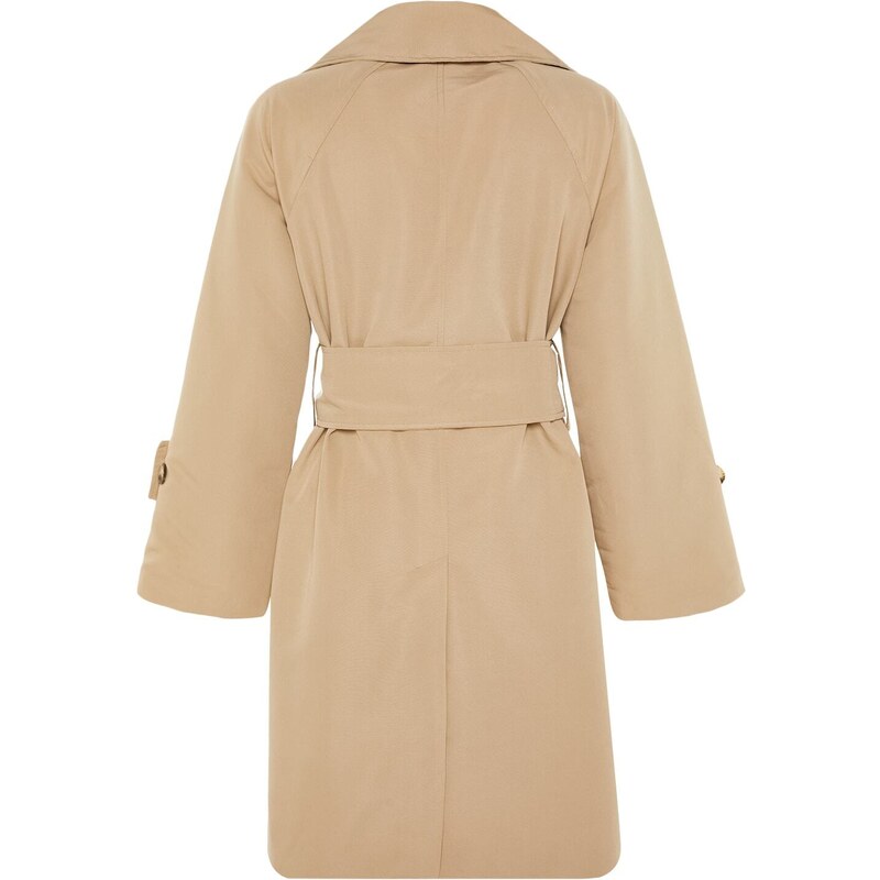 Trendyol bež prevelik širok ovratnik in pas podroben trench plašč