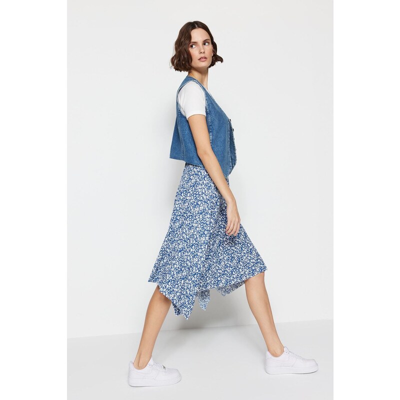 Trendyol Indigo Patterned Flounce Asymmetric High Waist Midi Flexible Knitted Skirt
