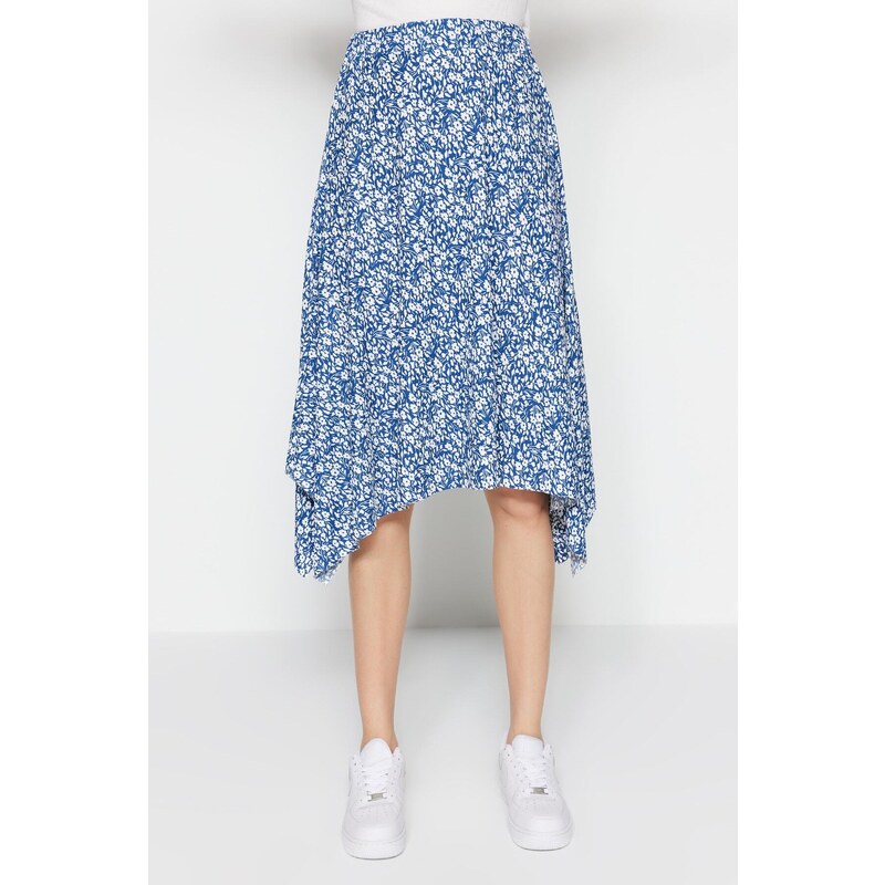 Trendyol Indigo Patterned Flounce Asymmetric High Waist Midi Flexible Knitted Skirt
