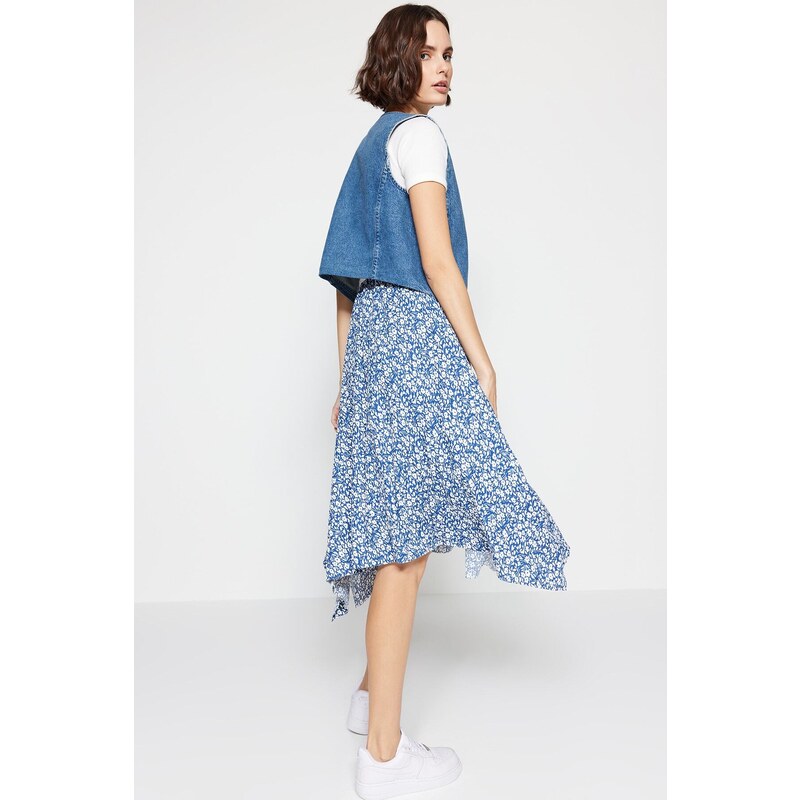 Trendyol Indigo Patterned Flounce Asymmetric High Waist Midi Flexible Knitted Skirt