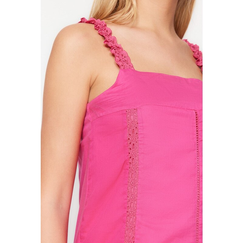 Trendyol roza naravnost rezana mini obleka s tkano podlogo in čipkastim detajlom