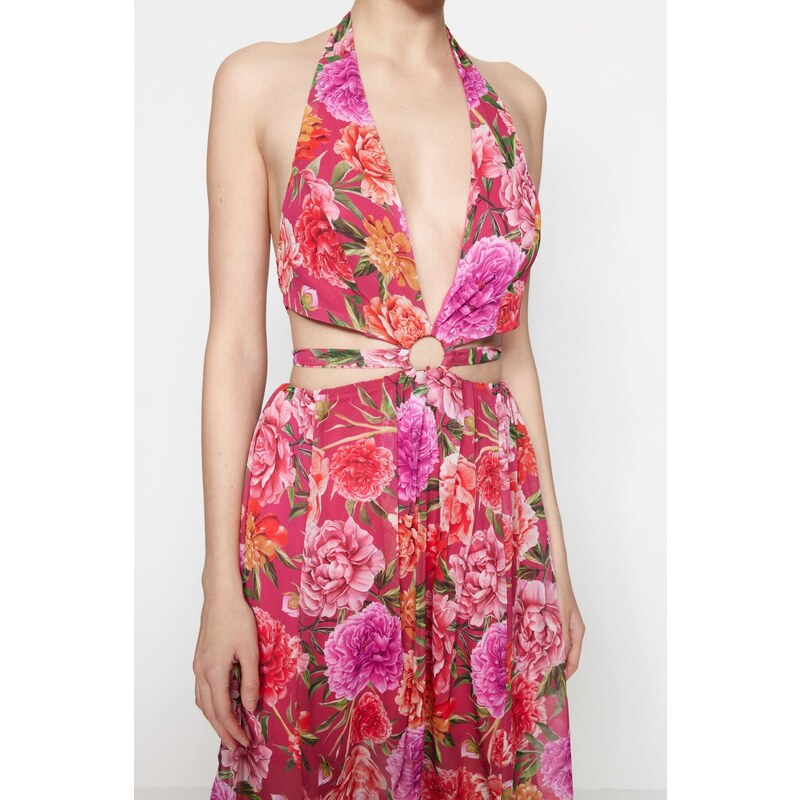 Trendyol Chiffon cvetlična vzorčasta večerna obleka z oknom / izrezana podrobna, večbarvna podloga