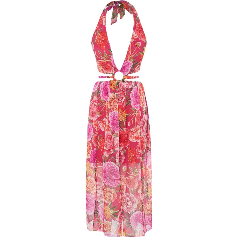 Trendyol Chiffon cvetlična vzorčasta večerna obleka z oknom / izrezana podrobna, večbarvna podloga