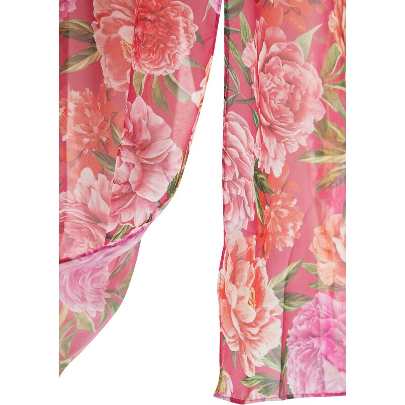 Trendyol Chiffon cvetlična vzorčasta večerna obleka z oknom / izrezana podrobna, večbarvna podloga