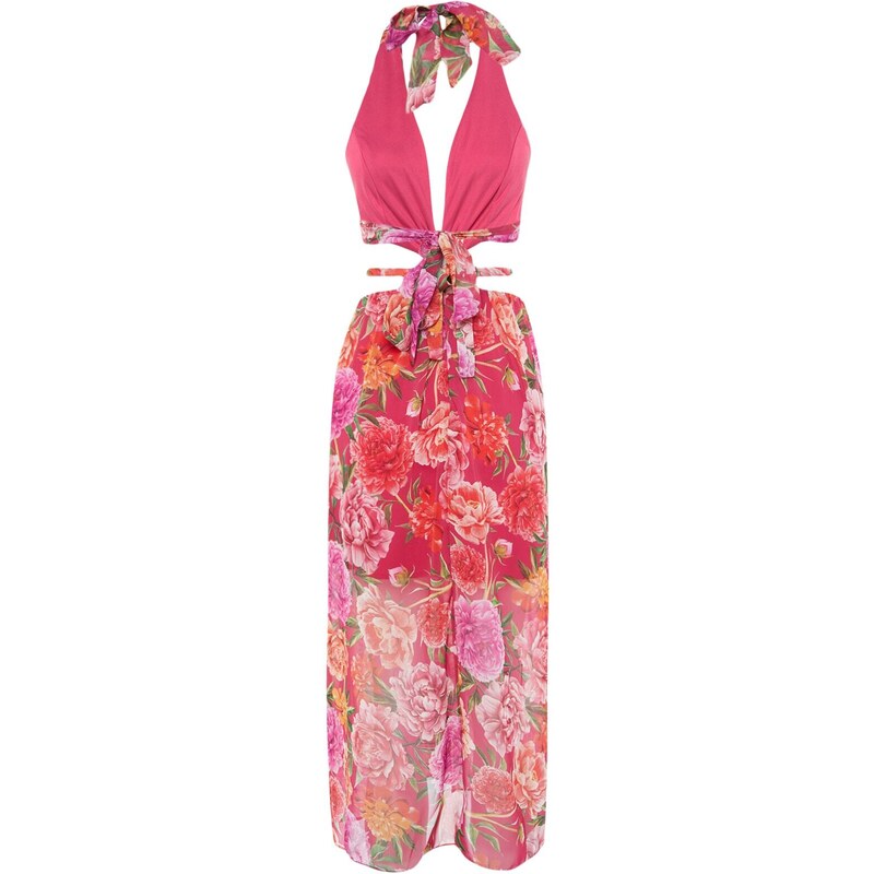 Trendyol Chiffon cvetlična vzorčasta večerna obleka z oknom / izrezana podrobna, večbarvna podloga