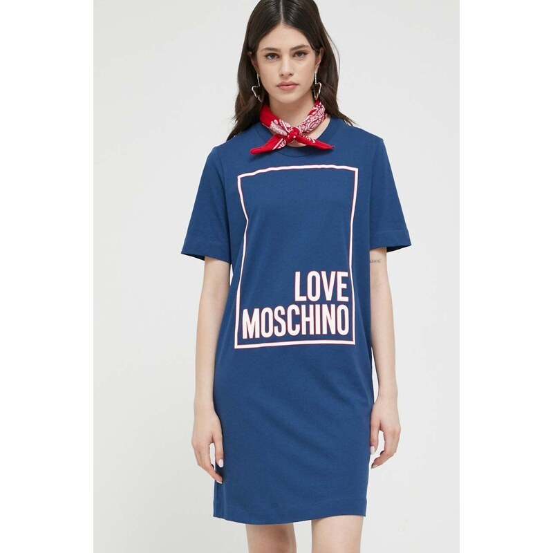 Bombažna obleka Love Moschino mornarsko modra barva