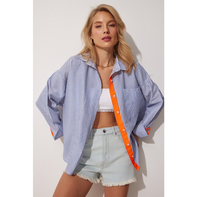 Happiness İstanbul Women's Blue Orange Ribbon And Button Detailed Striped Oversize Shirt