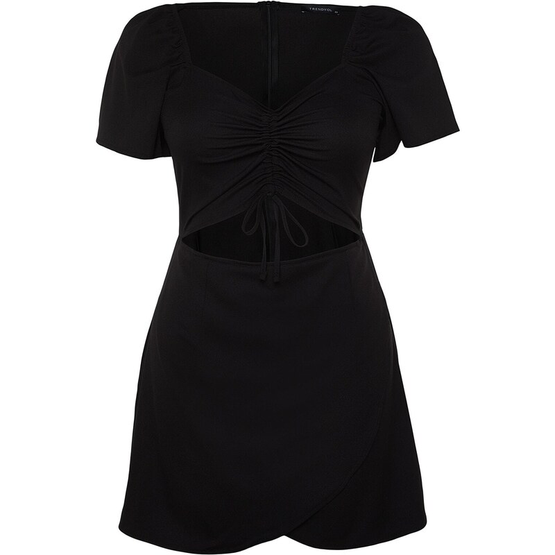 Trendyol krivulja Črna tkana obleka z ruffle in izrezanimi detajli